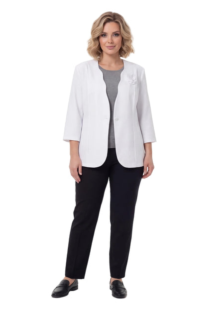 Официално дамско бяло сако големи размери с брошка роза