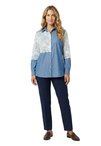 Елегантна синя макси риза от лен с дантела и 7/8 ръкав