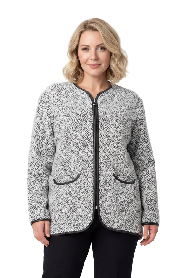 Дамски официален жакет с цип и вълна в бял цвят големи размери