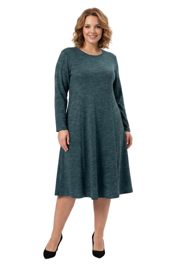 Елегантна разкроена рокля в масленозелен меланж