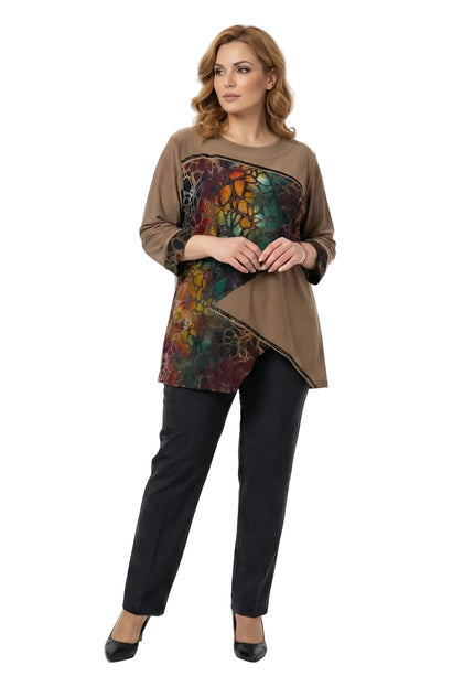 Официална разкроена макси туника в кафяво с ефектна асиметрична платка