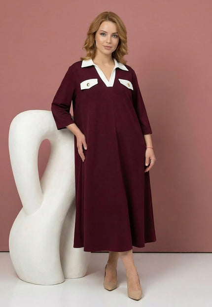 Официална разкроена рокля големи размери в цвят бордо