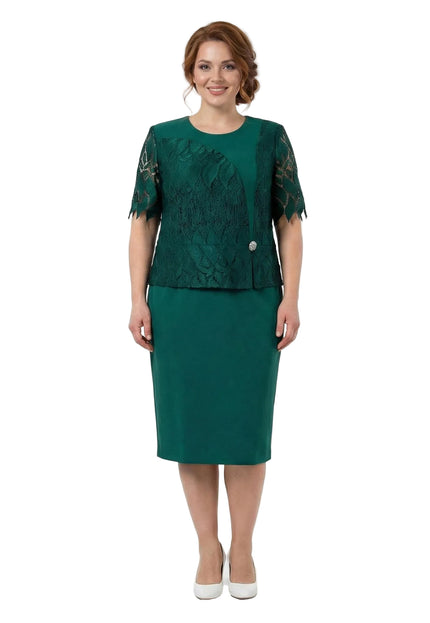 Rochie formală verde, din dantelă, cu broșă, mărimi mari