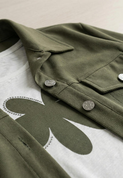 Дамски комплект от две части с тениска с щампа и сако каки