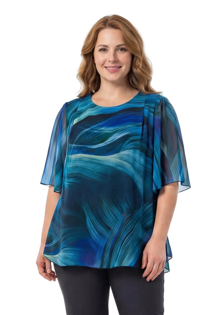 Официална разкроена макси туника от шифон в синьо с абстрактен принт