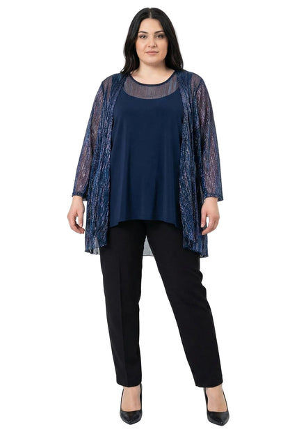 Set elegant de damă, de ocazie, cu tunică și vestă, bleumarin cu sclipici
