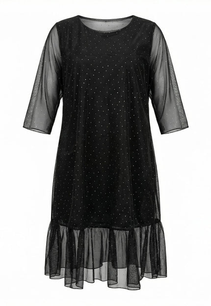 Официална разкроена макси рокля в черно от шифон с камъни и 7/8 ръкави