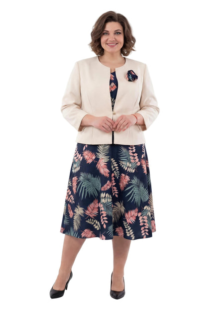 Елегантен дамски костюм от рокля на цветя и бежово сако големи размери