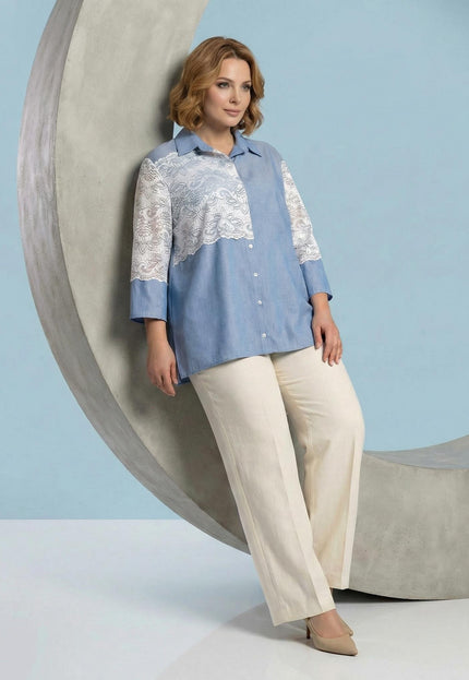 Елегантна синя макси риза от лен с дантела и 7/8 ръкав