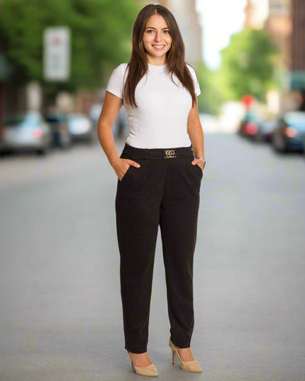 Елегантен черен панталон с висока талия в големи размери - Maxi Market