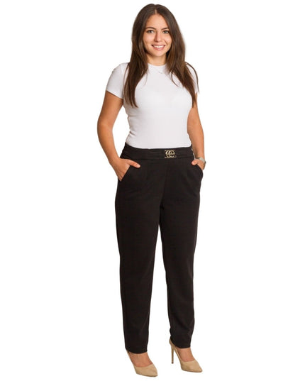 Елегантен черен панталон с висока талия в големи размери - Maxi Market