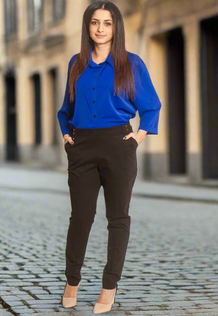 Елегантен дамски панталон с ластик и декоративни копчета - Maxi Market