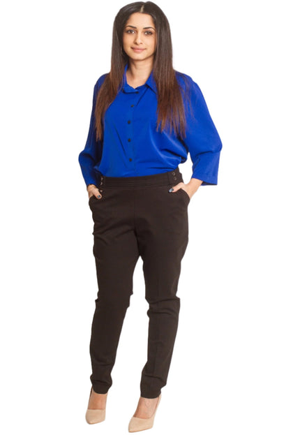 Елегантен дамски панталон с ластик и декоративни копчета - Maxi Market