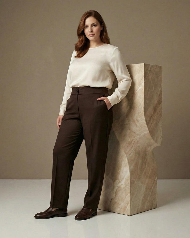 Елегантен кафяв панталон с висока талия и декоративни копчета за макси дами, сниман в цял ръст върху модел.