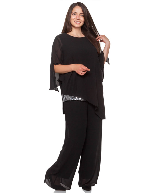 Elegant Plus-Size Formal Set - Black Tunic & Pants - Viscose Blend