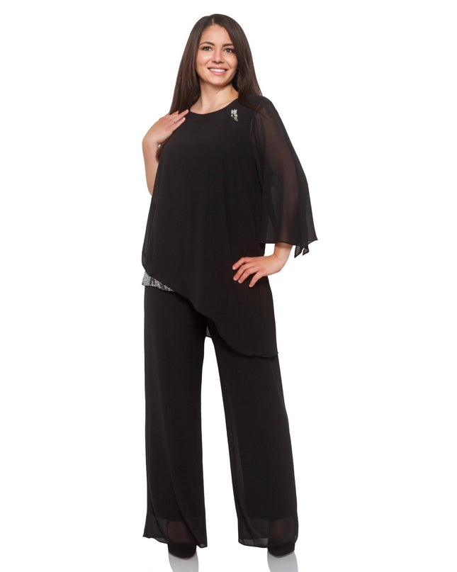 Elegant Plus-Size Formal Set - Black Tunic & Pants - Viscose Blend