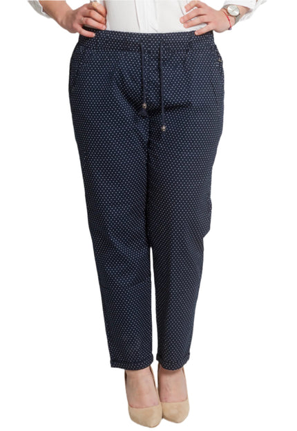 Елегантен тъмносин макси панталон на бели точки и еластична талия - Maxi Market