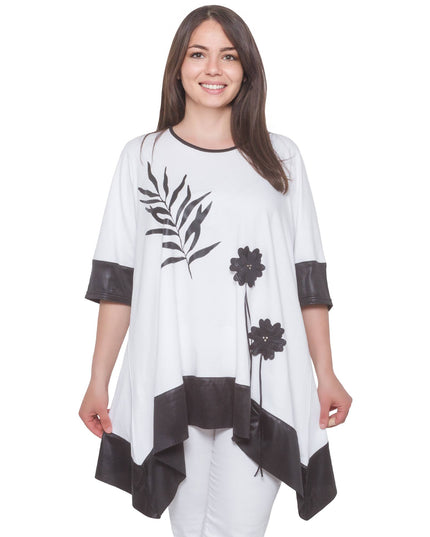 Елегантна бяла туника с апликация на цветя - разкроена кройка - еластична материя - Пролет - лято - Произведено в България - Maxi Market
