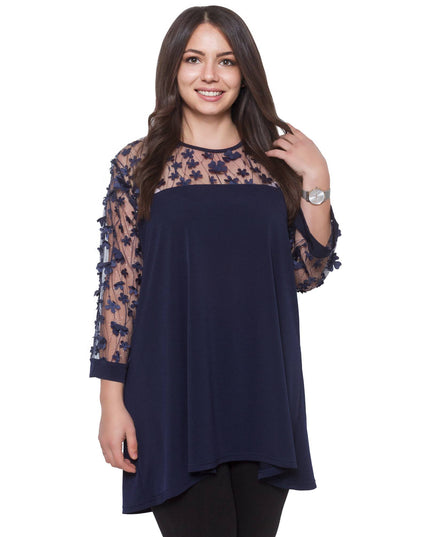 Елегантна дамска туника в макси размери - тъмносин цвят с флорален десен - официална - есен - зима - произведено в България - Maxi Market