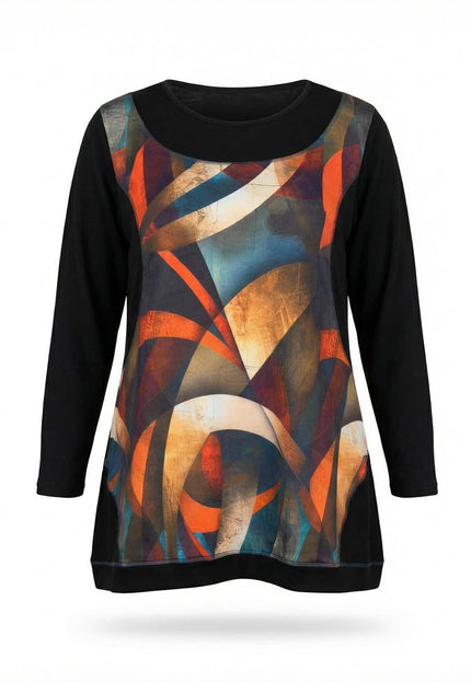 Елегантна есенна туника с витражен принт в черно, съчетаваща оранжеви и сини нюанси, с дълъг ръкав и обло деколте, заснета на бял фон.