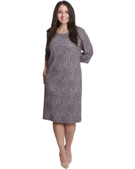 Елегантна права рокля с геометричен релефен десен в цвят мока - Maxi Market