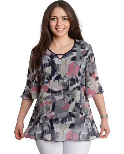 Елегантна разкроена макси туника от шифон с абстрактен десен - Maxi Market