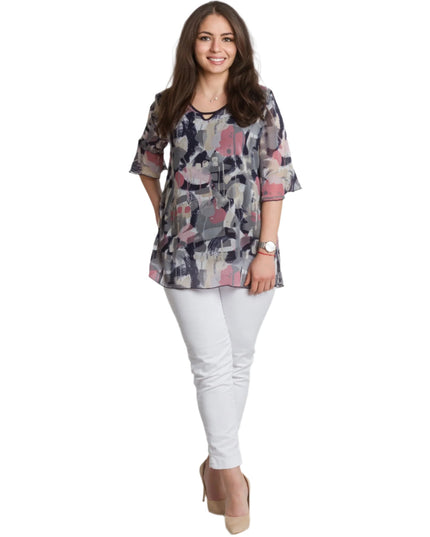 Елегантна разкроена макси туника от шифон с абстрактен десен - Maxi Market