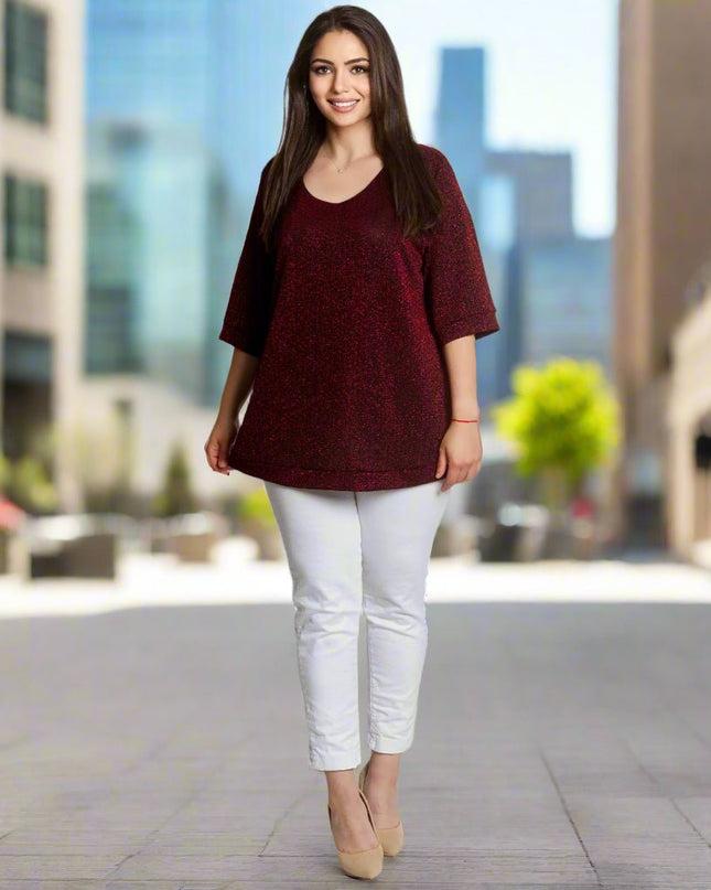 Елегантна разкроена туника с блясък в бордо - Maxi Market