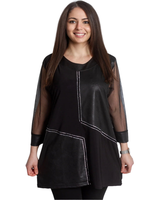 Елегантна туника с еко - кожа и тюл в големи размери - Maxi Market