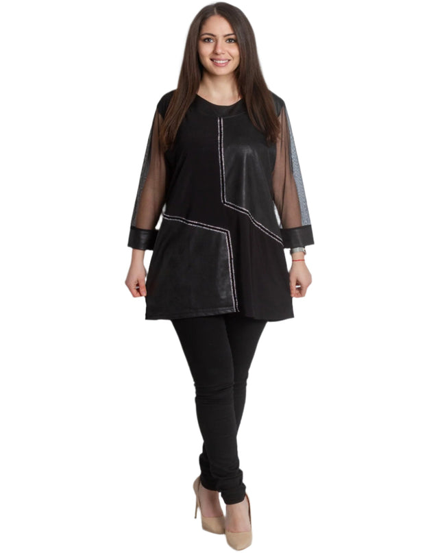 Елегантна туника с еко - кожа и тюл в големи размери - Maxi Market