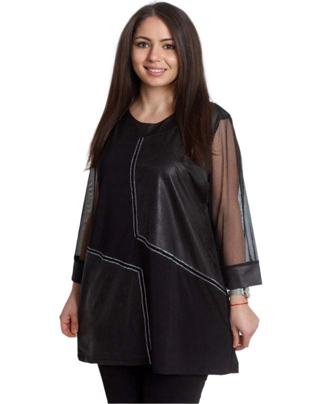 Елегантна туника с еко - кожа и тюл в големи размери - Maxi Market