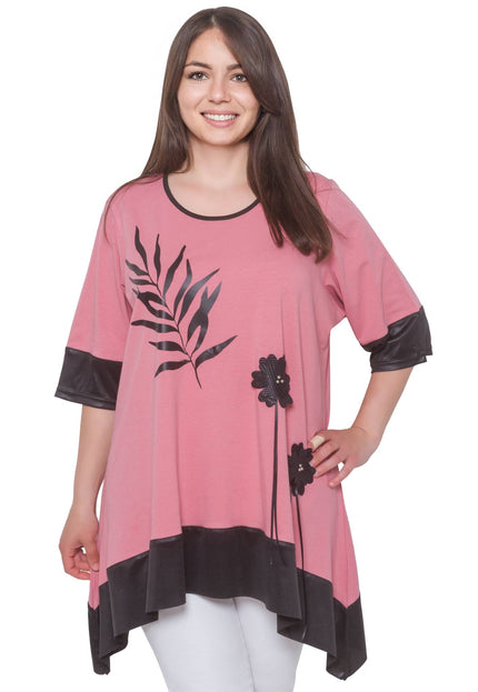 Елегантна туника в пепел от рози с апликация на цветя - разкроена кройка - еластична материя - Пролет - лято - Произведено в България - Maxi Market