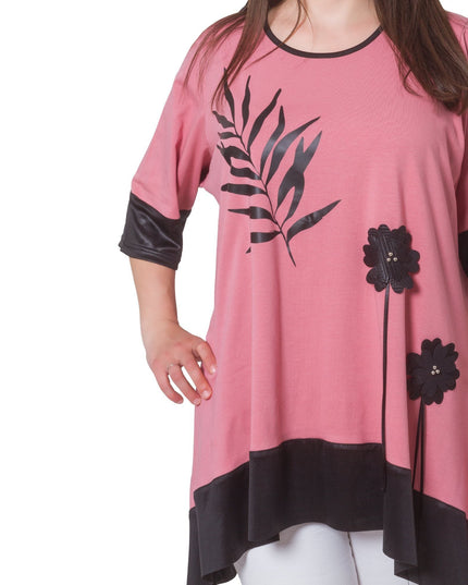 Елегантна туника в пепел от рози с апликация на цветя - разкроена кройка - еластична материя - Пролет - лято - Произведено в България - Maxi Market