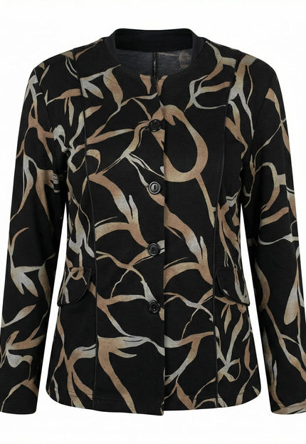 Елегантно черно макси сако с абстрактен десен в бежово и сиво, заснето фронтално на бял фон. Моделът е с обло деколте, централно закопчаване с копчета и дълги ръкави.