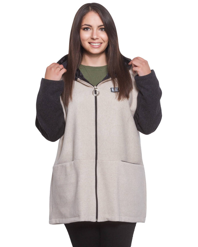 Women's Beige Wool Blend Coat - Plus Size, Zip Closure, Autumn-Winter