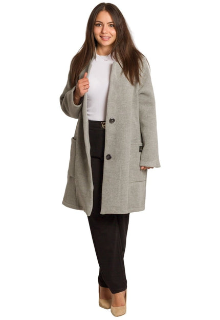 Елегантно сиво палто в големи размери с разкроена кройка - Maxi Market