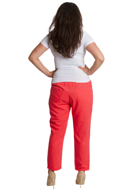 Коралов ленен панталон с джобове и връзки в големи размери - Maxi Market