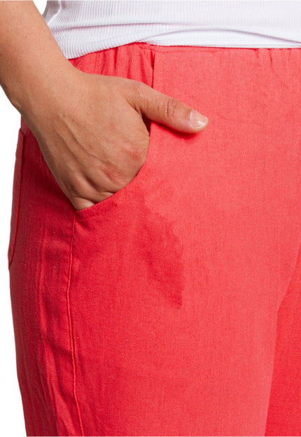 Коралов ленен панталон с джобове и връзки в големи размери - Maxi Market