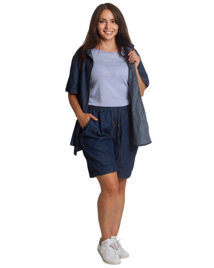 Къси дънкови шорти с джобове и ластик в големи размери - Maxi Market