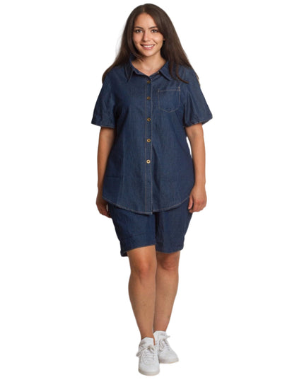 Къси дънкови шорти с джобове и ластик в големи размери - Maxi Market