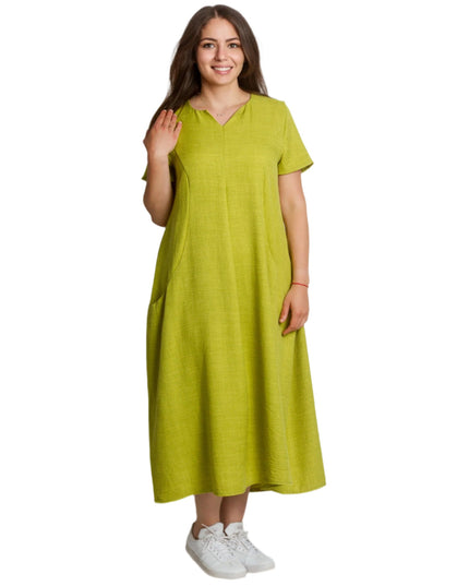 Ленена лятна макси рокля с джобове в цвят лайм - Maxi Market