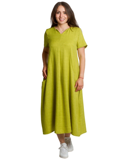 Ленена лятна макси рокля с джобове в цвят лайм - Maxi Market