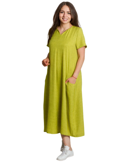 Ленена лятна макси рокля с джобове в цвят лайм - Maxi Market