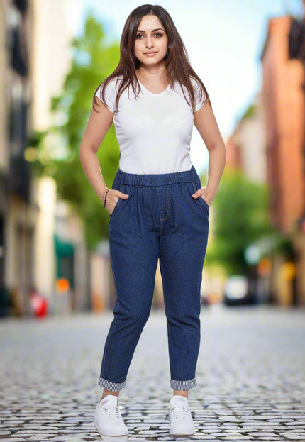 Летни дънки - макси размери - еластична талия - памук и еластан - Maxi Market