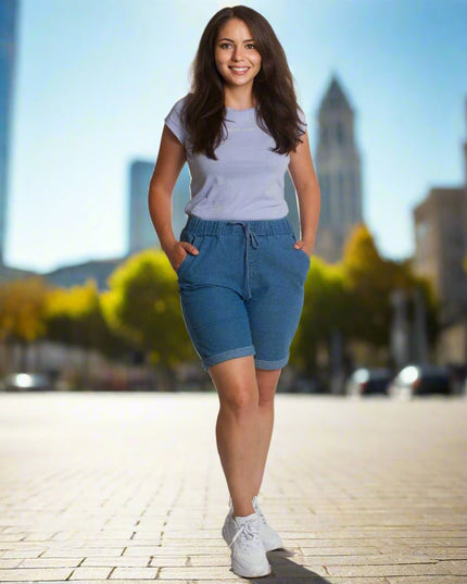 Летни къси дънки с висока талия и джобове в големи размери - Maxi Market