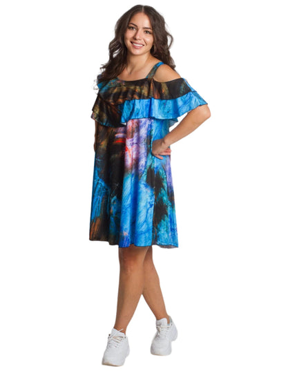 Лятна многоцветна рокля с волани и открити рамене - Maxi Market