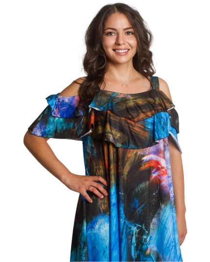 Лятна многоцветна рокля с волани и открити рамене - Maxi Market