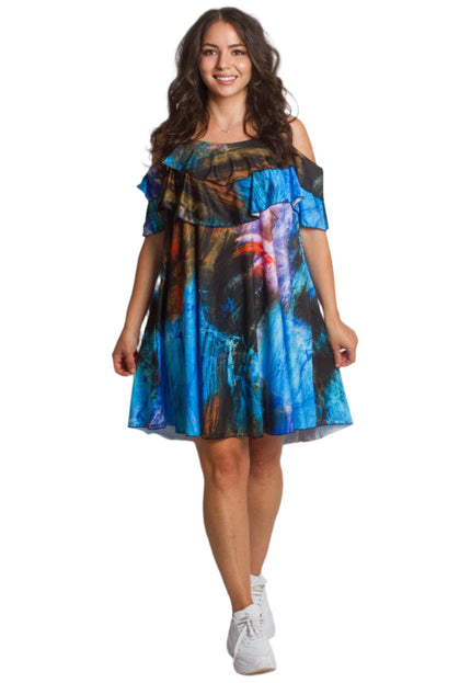 Лятна многоцветна рокля с волани и открити рамене - Maxi Market