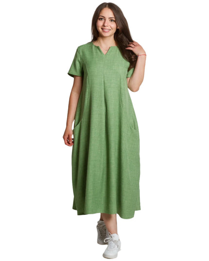 Лятна разкроена ленена рокля с V - деколте и джобове - Maxi Market