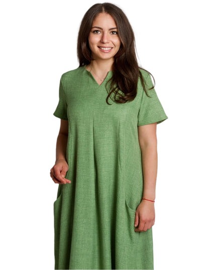 Лятна разкроена ленена рокля с V - деколте и джобове - Maxi Market